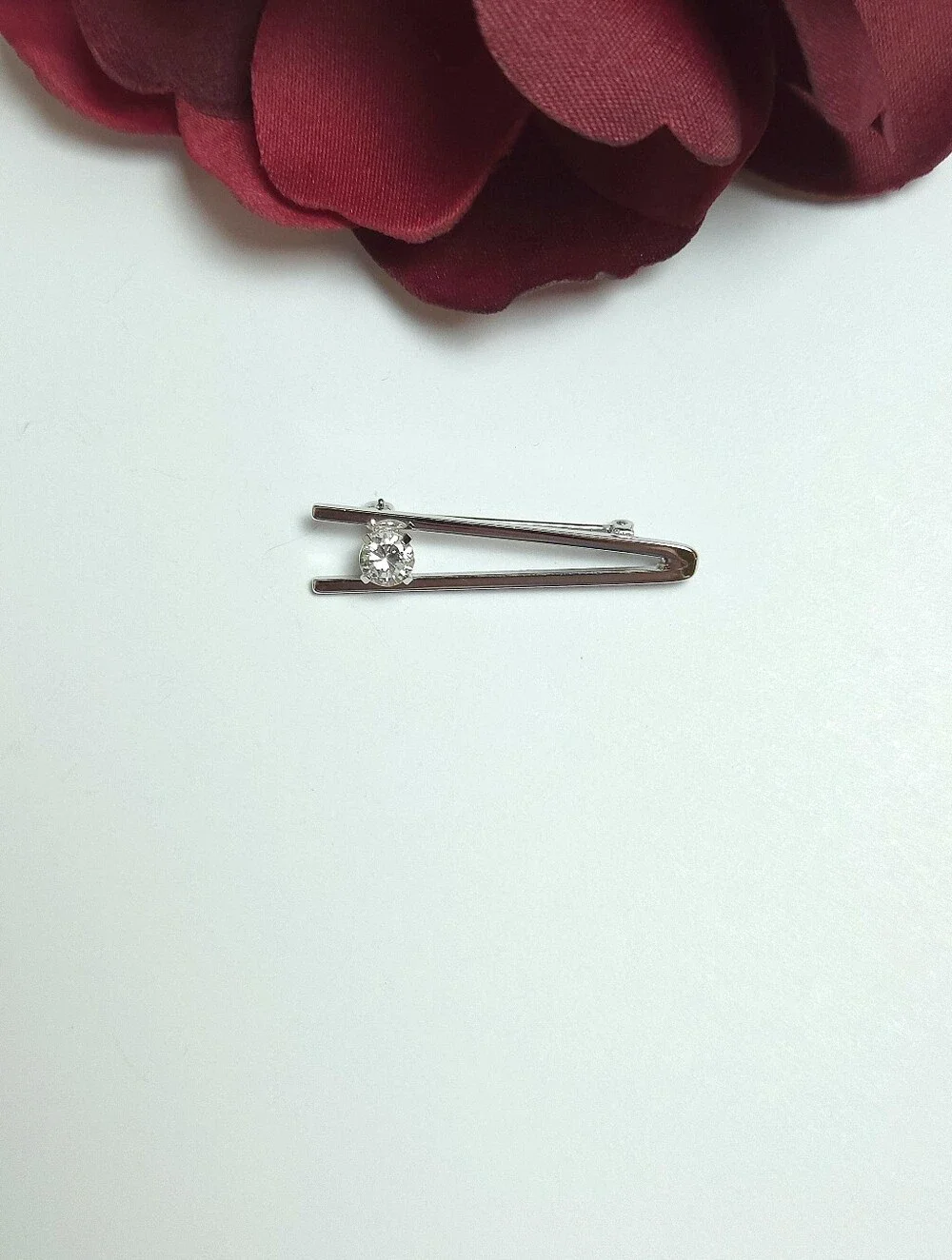 Vintage Sterling Silver & Cubic Zirconia Crystal Gemometric Brooch